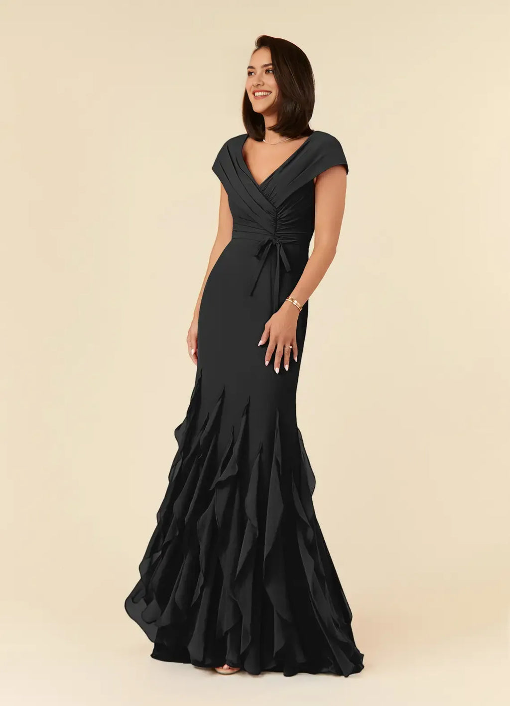 Black Mermaid Ruched V-Neck A-Line Unique Mermaid Mother of the Bride Dresses