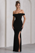 Black Off - Shoulder Prom Dress with Bodycon Silhouette Side Slit and Elegant Draped Neckline