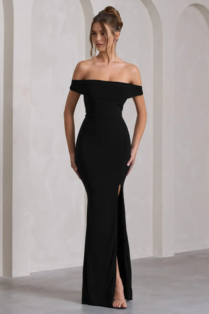 Elegant Black Slit Bodycon Classic-Neck Classic-Sleeve Classic-Back Floor-Length Prom Dress