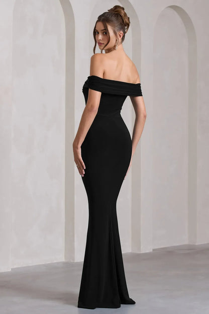 Elegant Black Slit Bodycon Classic-Neck Classic-Sleeve Classic-Back Floor-Length Prom Dress