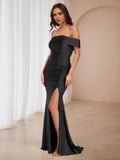 Black Off - Shoulder Prom Dress with Ruched Detailing and Side Slit A Blend of Sophistication and Allure for Gala Nights