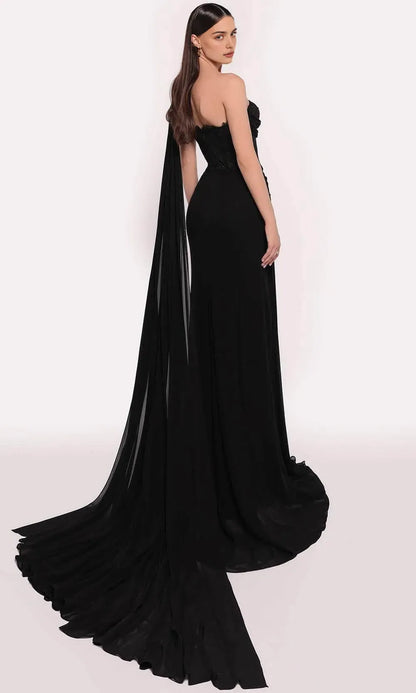 Elegant Black Lace A-Line One-Shoulder Classic-Sleeve Lace-Up-Back Floor-Length Evening Dress