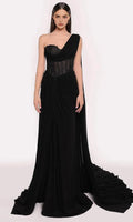 Black One - Shoulder Evening Dresses with Corset Bodice Draped Silhouette and Dramatic Train for High - End Occasions