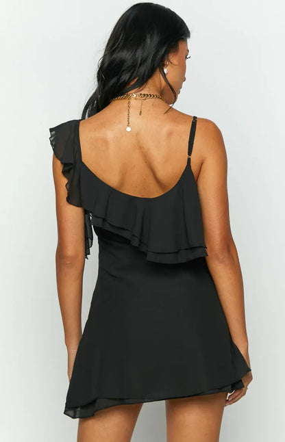 Elegant Black Ruffled A-Line One-Shoulder Sleeveless Classic-Back Floor-Length Homecoming Dress