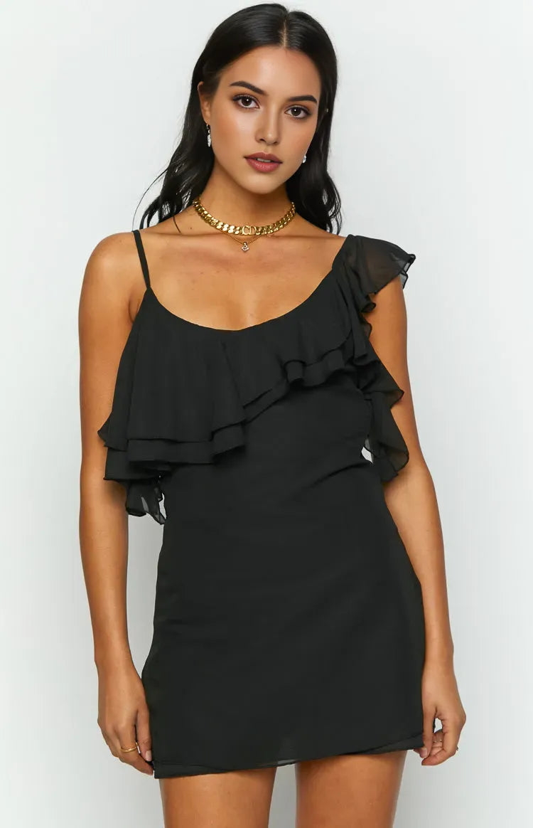 Elegant Black Ruffled A-Line One-Shoulder Sleeveless Classic-Back Floor-Length Homecoming Dress