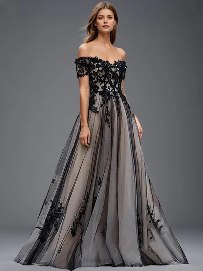 Black Prom Dress A Line Off The Shoulder Appliques Black Up Back Prom Dress
