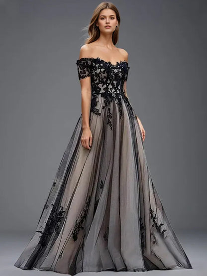 Elegant Black Applique A-Line Off-the-Shoulder Classic-Sleeve Lace-Up-Back Floor-Length Prom Dress