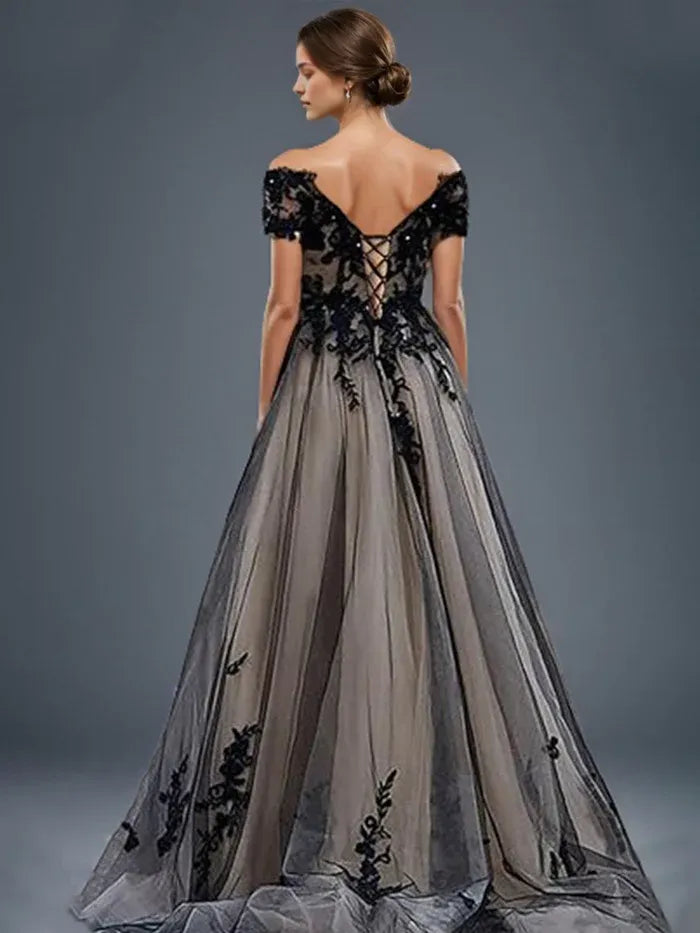 Black Prom Dress A Line Off The Shoulder Appliques Black Up Back Prom Dress