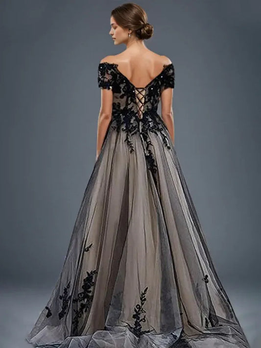 Elegant Black Applique A-Line Off-the-Shoulder Classic-Sleeve Lace-Up-Back Floor-Length Prom Dress