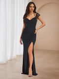 Black Ruched Prom Dress with Asymmetric Sleeve High Slit Mermaid Evening Gown
