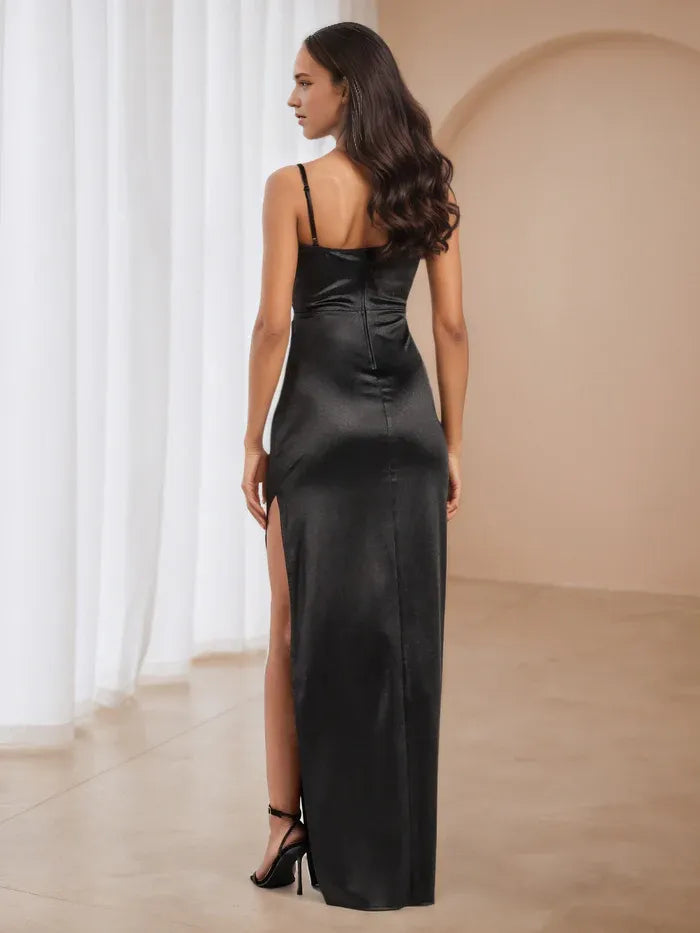 Black Cowl Neck Prom Dress Spaghetti Straps Side Slit for Timeless Gala Sophistication