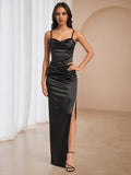 Black Cowl Neck Prom Dress Spaghetti Straps Side Slit for Timeless Gala Sophistication