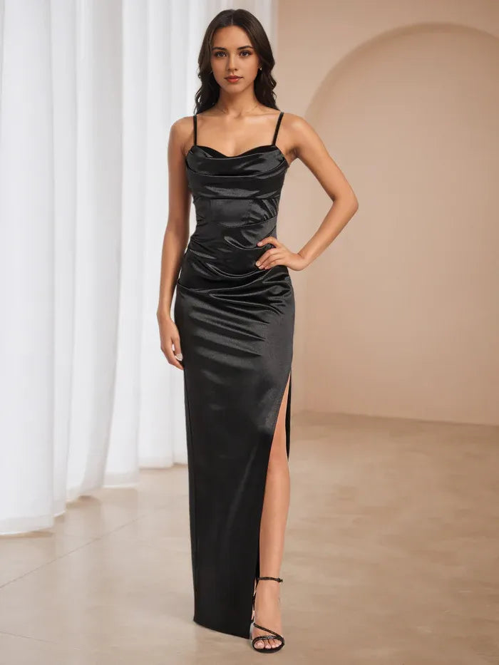 Black Cowl Neck Prom Dress Spaghetti Straps Side Slit for Timeless Gala Sophistication