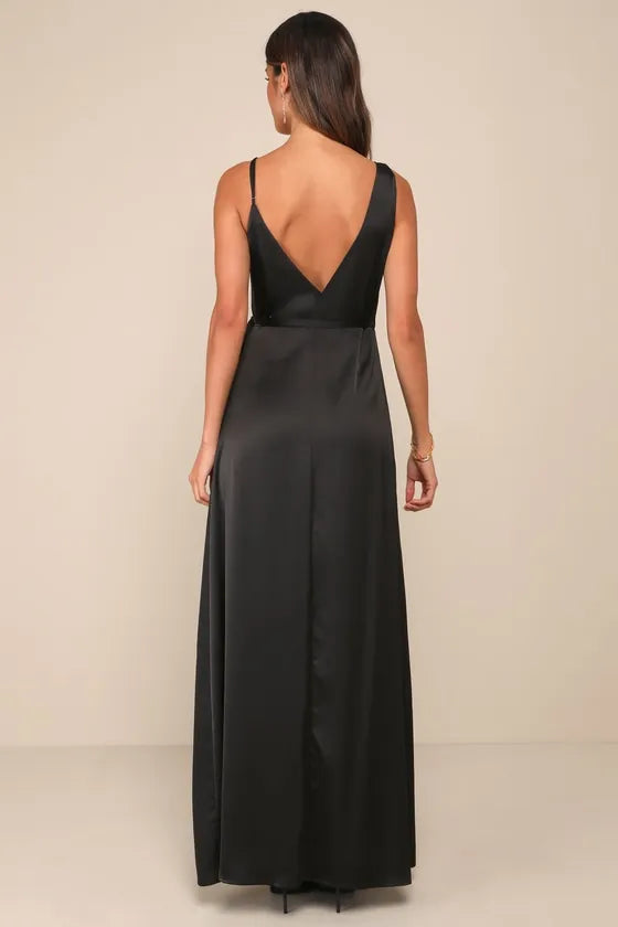 Black Prom Dress featuring Asymmetric Spaghetti Strap Plunging V - Neck Wrap Around Bodice with Tie and High Side Slit