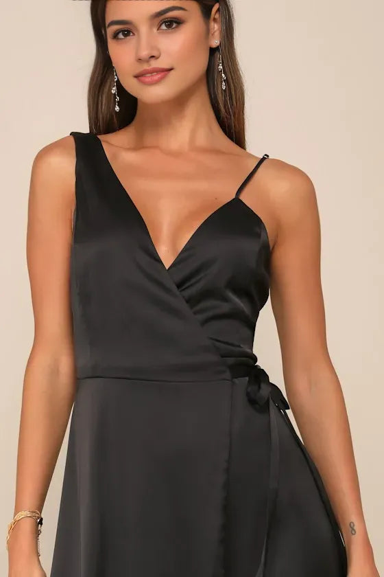 Black Prom Dress featuring Asymmetric Spaghetti Strap Plunging V - Neck Wrap Around Bodice with Tie and High Side Slit