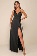 Black Prom Dress featuring Asymmetric Spaghetti Strap Plunging V - Neck Wrap Around Bodice with Tie and High Side Slit