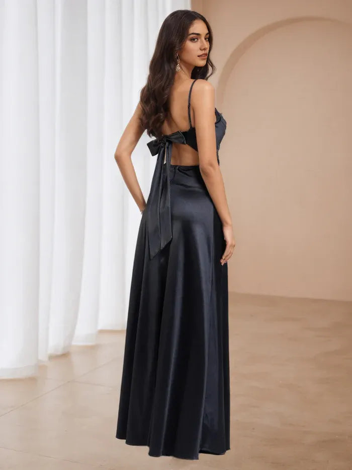 Black Prom Dress with Cowl Neckline Single Spaghetti Strap Design and High Side Slit Elegant Mermaid Inspired Silhouette for Formal Evening Events