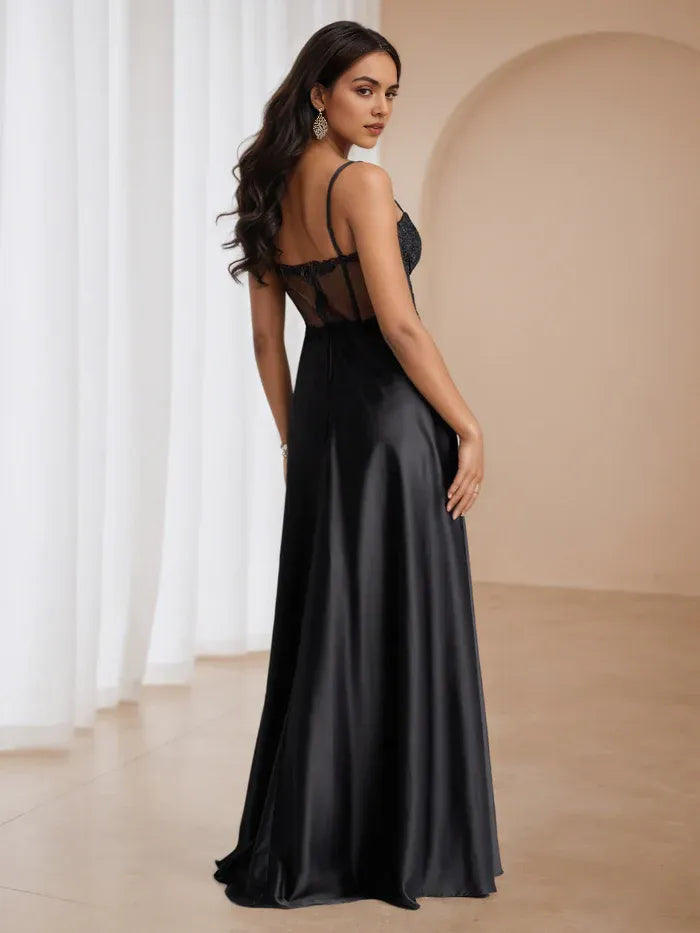 Black Prom Dress with Bodice Spaghetti Straps High Slit Timeless Elegance for Formal Occasions