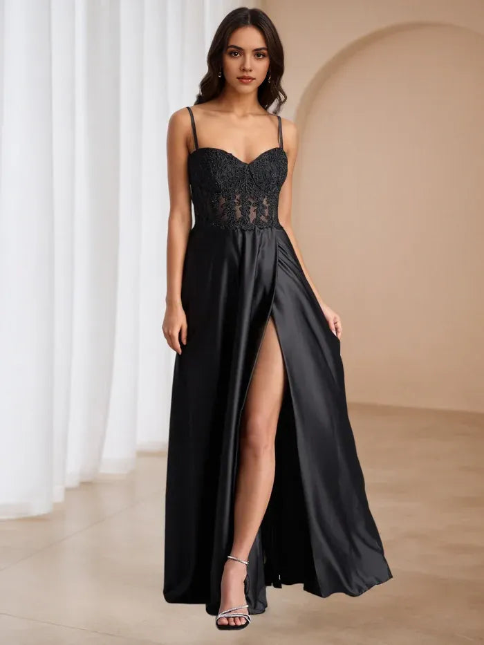 Black Prom Dress with Bodice Spaghetti Straps High Slit Timeless Elegance for Formal Occasions