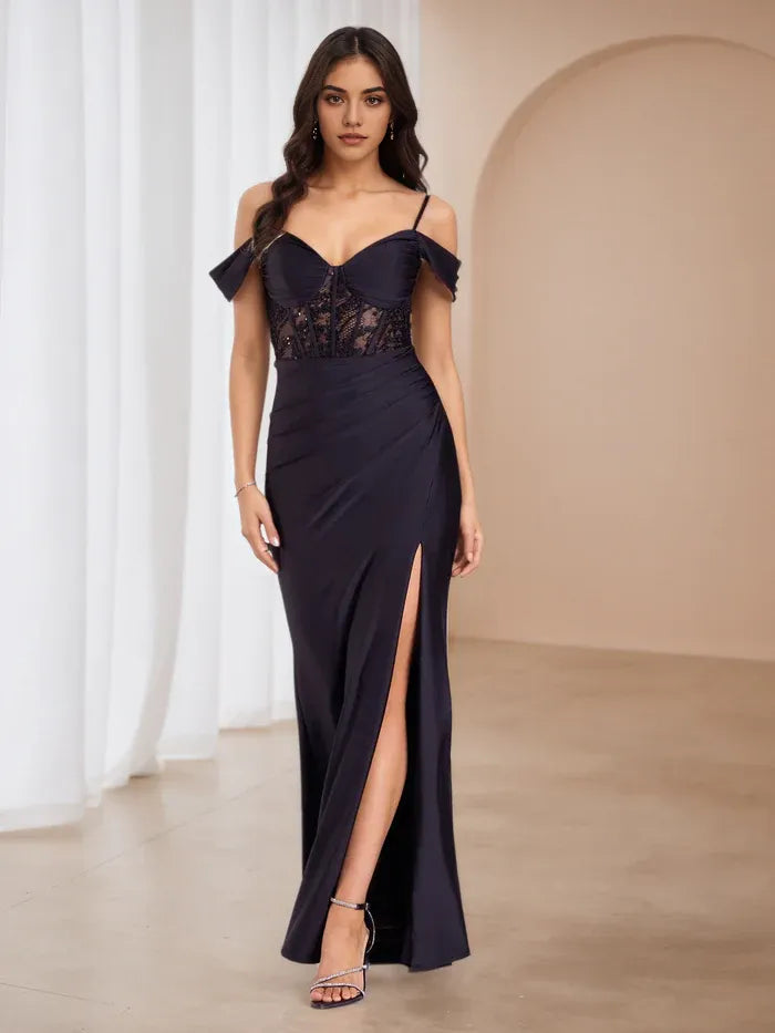 Black Prom Dress with Off Shoulder Sleeves Bodice Detail High Slit Evening Gown