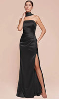 Black Strapless Evening Gown with Halter Neckline and Side Slit Perfect for PromsFormal Balls
