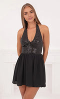 Black Halter Neck Homecoming Dress with Plunging V - Neck Bodice, and Skirt Perfect for School Dances