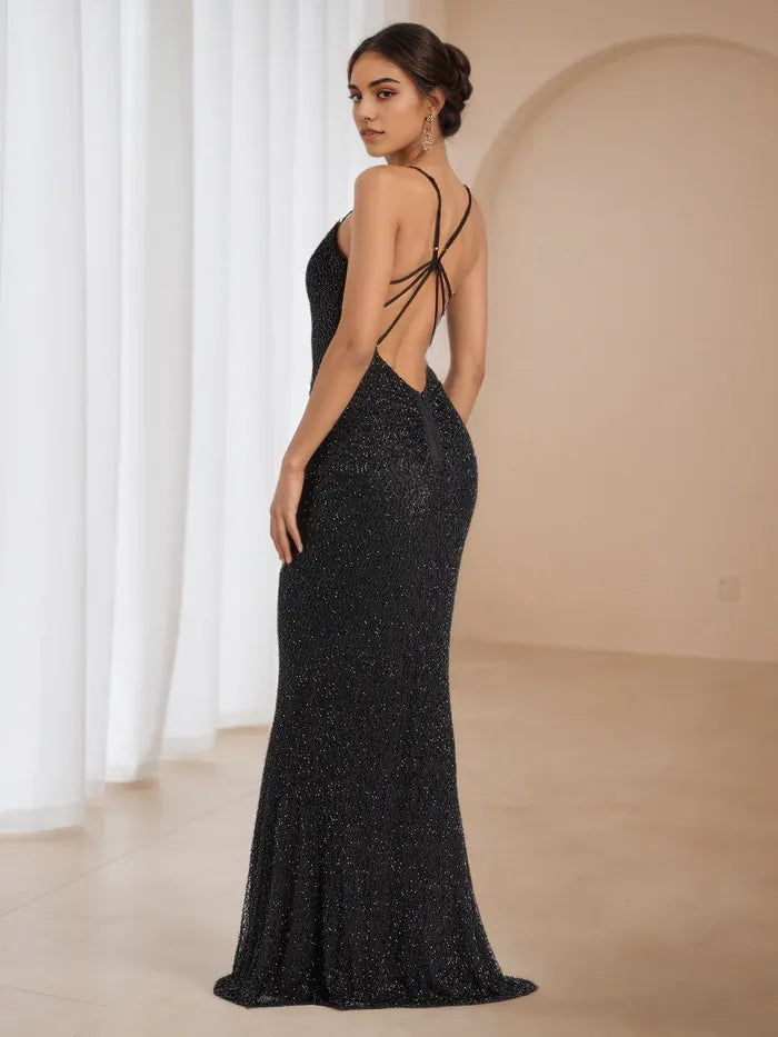 Black Spaghetti Strap Prom Dress Deep V Neck Mermaid Gown for Formal Events