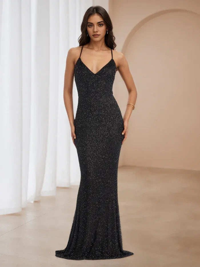 Black Spaghetti Strap Prom Dress Deep V Neck Mermaid Gown for Formal Events