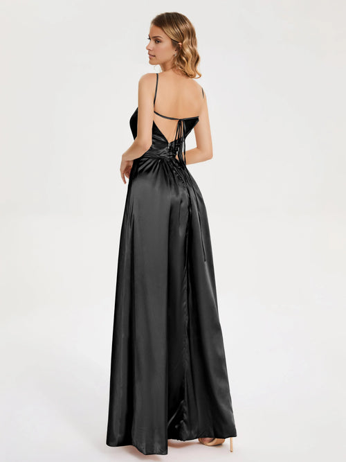 Beautiful Timeless Chic Elegant Black Satin A-Line High Neck Sleeveless Prom Dress