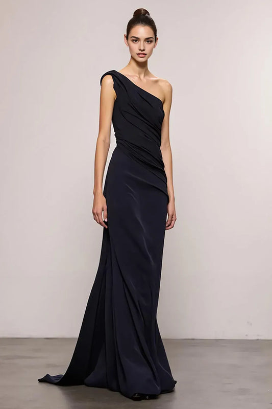 Elegant Black Sheath One-Shoulder Classic-Sleeve Backless Floor-Length Evening Dress