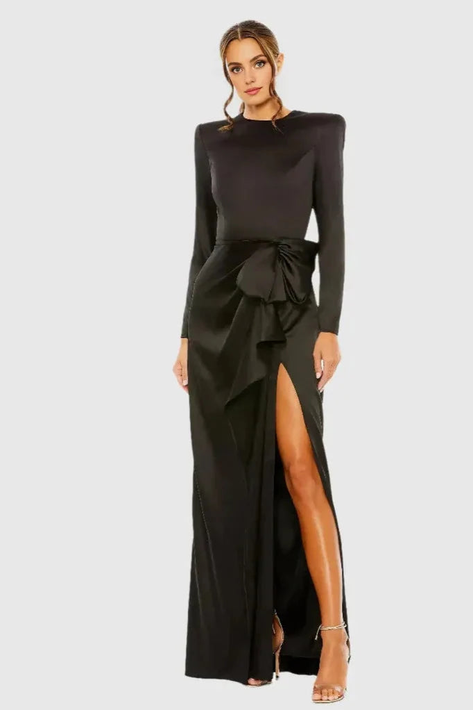 Special Occasion Sophisticated Graceful Elegant Red Satin A-Line Long Sleeve Floor-Length Prom Dress