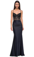 Black Spaghetti Strap Prom Dress with Sheer Bodice and Ruched Skirt for Formal Evening Galas