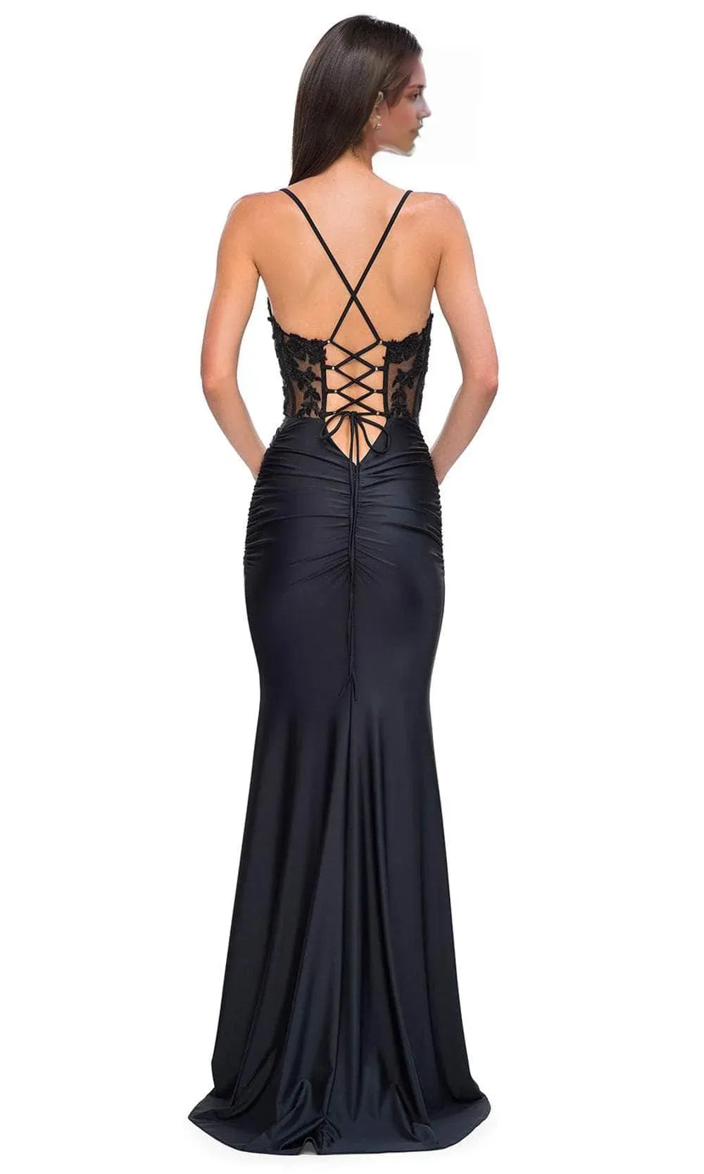 Black Spaghetti Strap Prom Dress with Sheer Bodice and Ruched Skirt for Formal Evening Galas