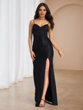 Black Spaghetti Strap Ruched Prom Dress with High Slit -Mermaid Evening Gown