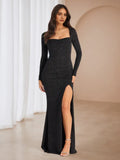 Black Square Neckline Long Sleeves Sweep/Brush Train Prom Dresses