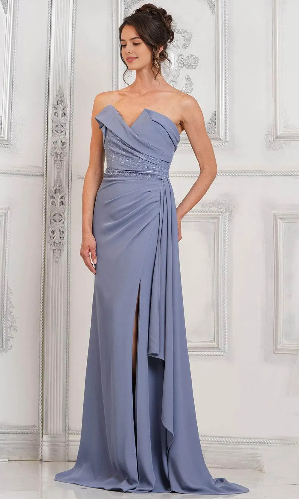 Black Strapless Evening Dress with Waistband Asymmetric Draping and High Side Slit for Formal Occasions