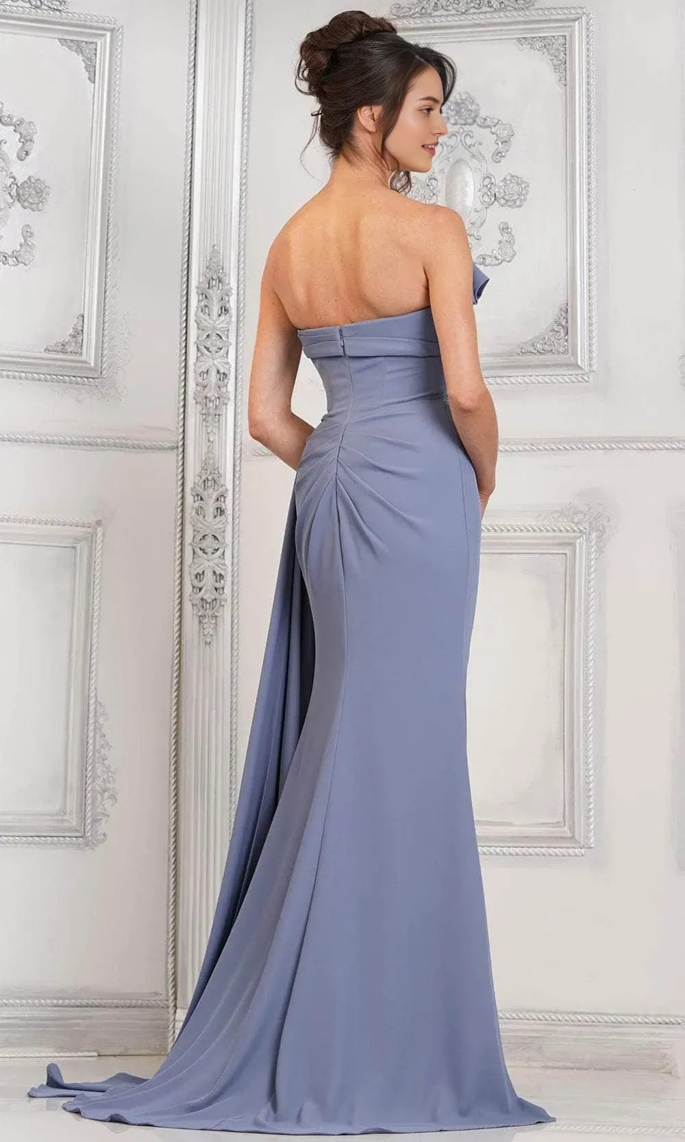 Black Strapless Evening Dress with Waistband Asymmetric Draping and High Side Slit for Formal Occasions