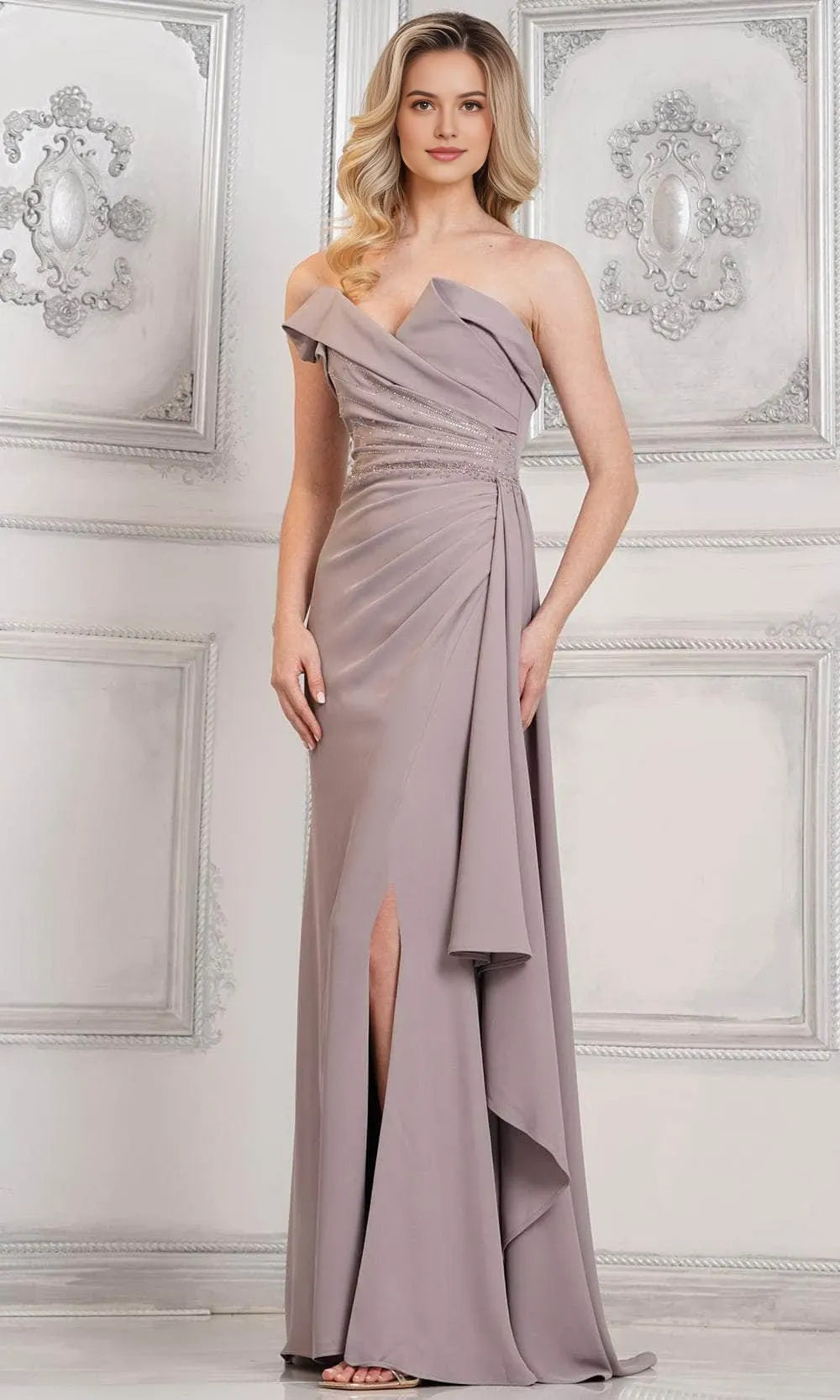 Black Strapless Evening Dress with Waistband Asymmetric Draping and High Side Slit for Formal Occasions