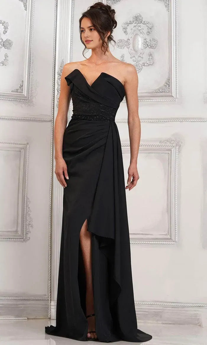 Black Strapless Evening Dress with Waistband Asymmetric Draping and High Side Slit for Formal Occasions