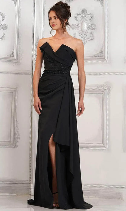 Elegant Black Beaded A-Line Strapless Classic-Sleeve Classic-Back Floor-Length Evening Dress