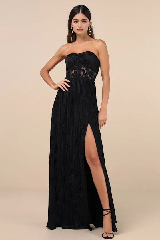 Black Strapless Prom Dress with Pleated Textured Skirt Sheer Bodice Cutout High-Thigh Slit Perfect for Formal Galas