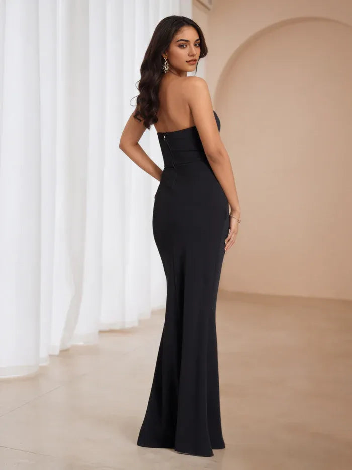 Black Strapless Ruched Mermaid Prom Dress with Side Slit Elegant Evening Gown