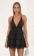 Black Halter Neck Homecoming Dress with Deep V - Neck Tiered Ruffle Skirt Open Back Perfect for School Dances