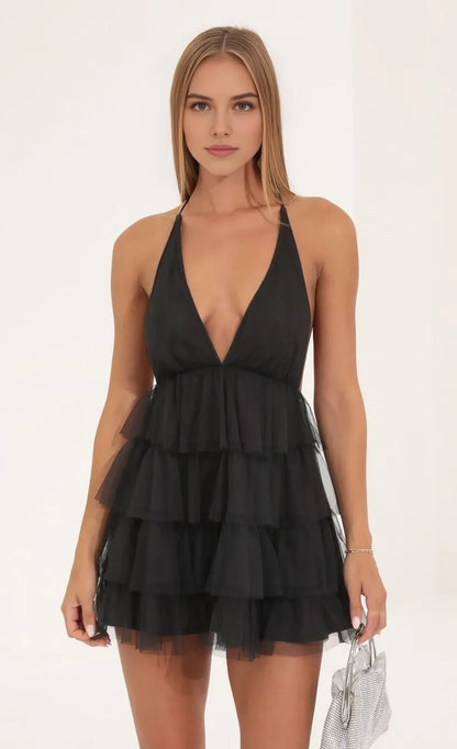 Elegant Black Ruffled A-Line V-Neck Classic-Sleeve Open-Back Floor-Length Homecoming Dress