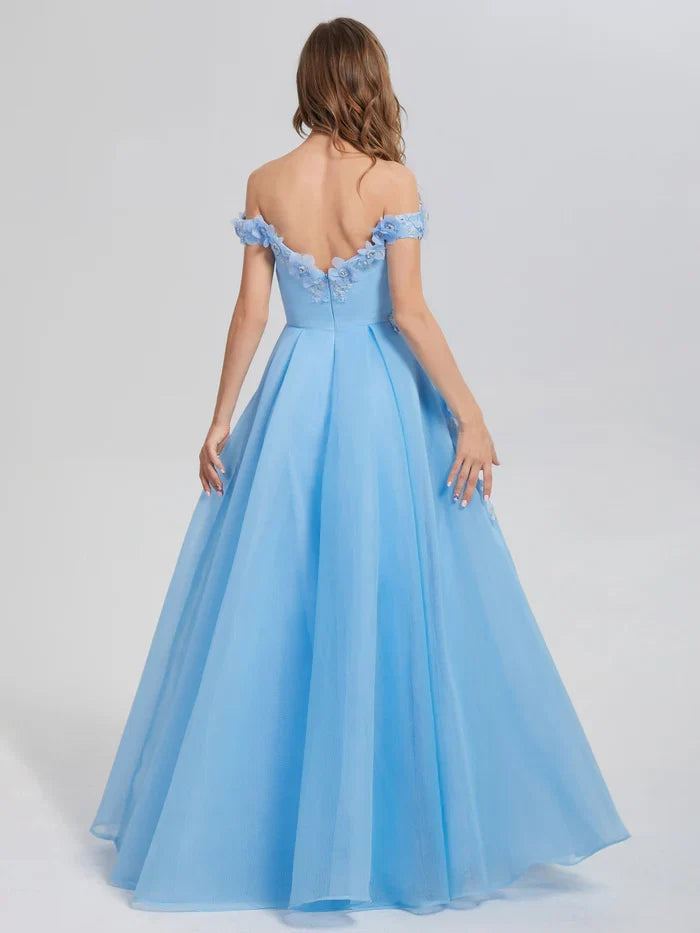Blue A-line Off the Shoulder Appliques Prom Dresses