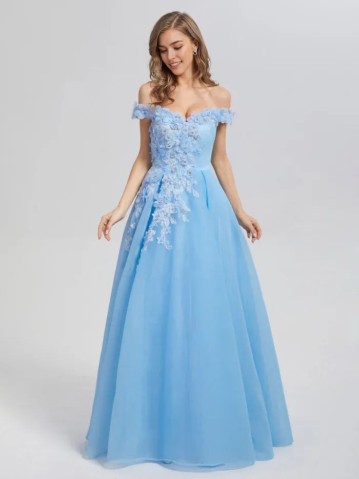 Blue A-line Off the Shoulder Appliques Prom Dresses