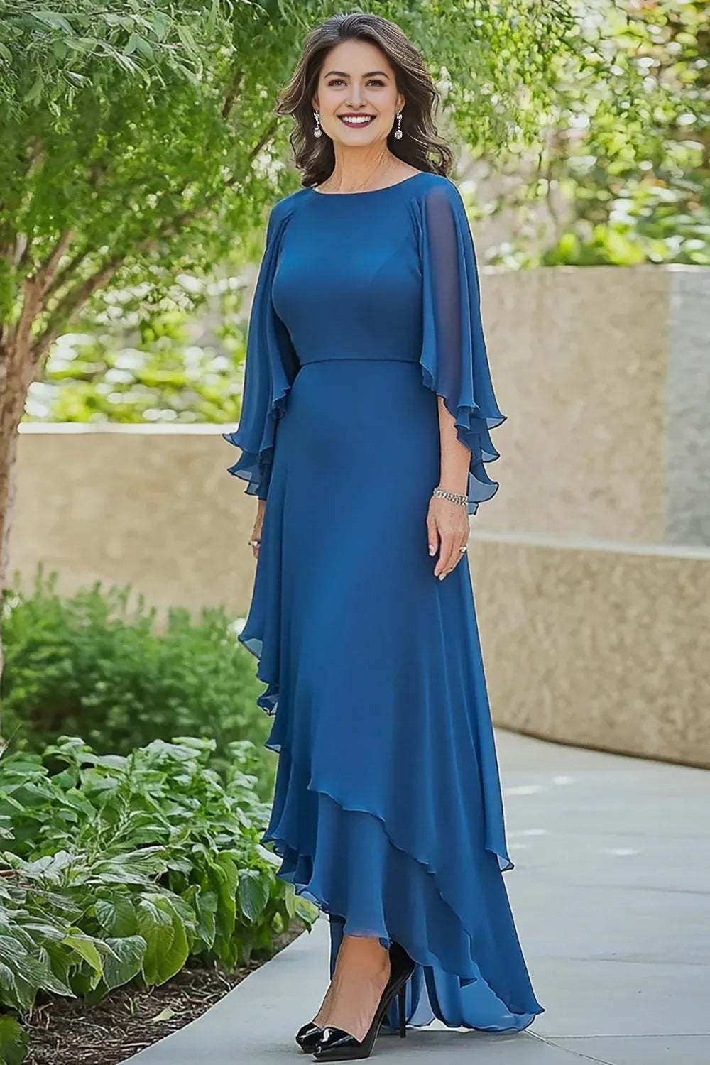 Blue Asymmetrical Ruffled Mother of the Bride Dress