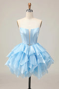 Blue Corset A Line Strapless Short Homecoming Dress with Ruffles