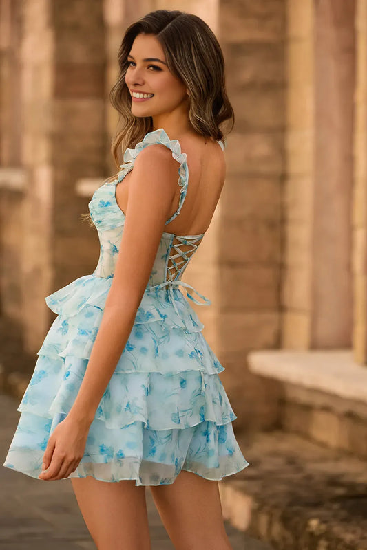 Elegant Red Ruffled A-Line Classic-Neck Classic-Sleeve Lace-Up-Back Mini-Length Homecoming Dress
