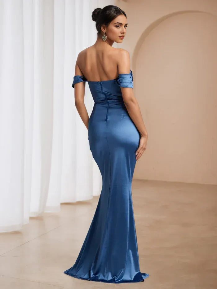 Blue Prom Dress Off Shoulder Ruched Bodice Effortless Parisian Chic for Formal Dances